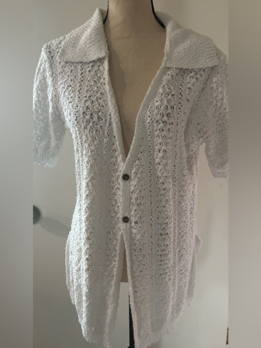 Rain + Rose Lightweight open knit White Crochet Button-Up Cardigan